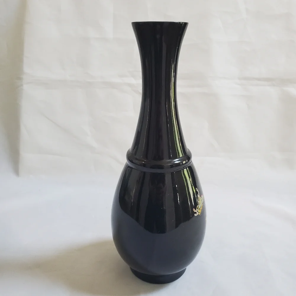 Black Lacquer Flower Butterfly Vase AS IS